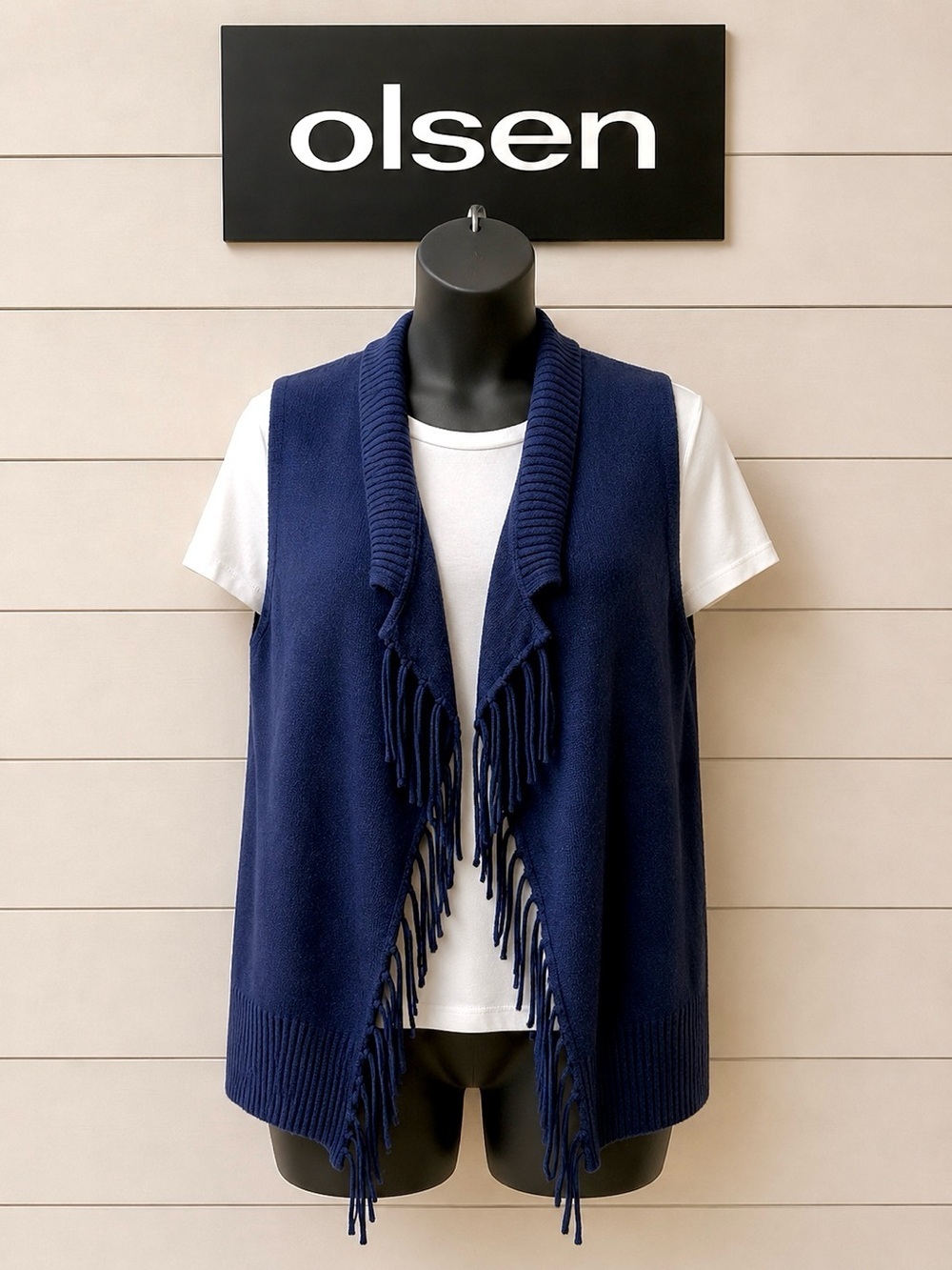 OLSEN Blue Sleeveless fringed vest, size m